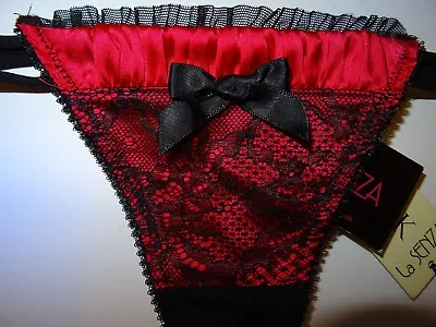Bnwt La Senza 10 12 16 18 Thong Red Rouched Silk Black Lace • £13.95