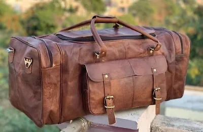 New Men's Large 30  Travel Bag Brown Vintage Duffel Real Leather Weekend Luggage • $55.46