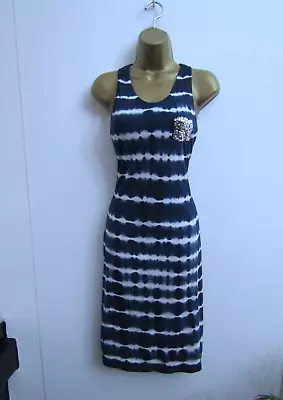 SUPERDRY LADIES NAVY BLUE WHITE TIE DYE BODYCON MIDI DRESS SIZE 14 ( Large ) NEW • £7.99