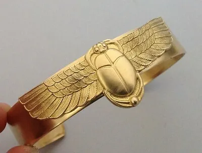 Scarab Bracelet Egyptian Revival Beetle Wide Solid Brass Cuff Vintage Jewelry • $28