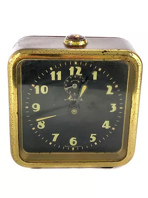 Art Deco Mauthe German Black Luminous Dial Square Brass Alarm Clock  • $33