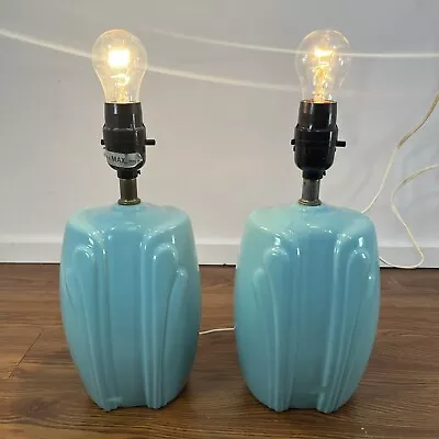 Pair Of Turquoise Light Blue Lamps Vintage Bases - Works Great! • $46.23