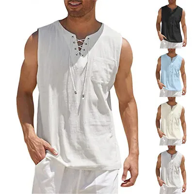 Mens Medieval Sleeveless Shirt Lace Up Muscle Casual Tops Beach Vest Costume • £9.71