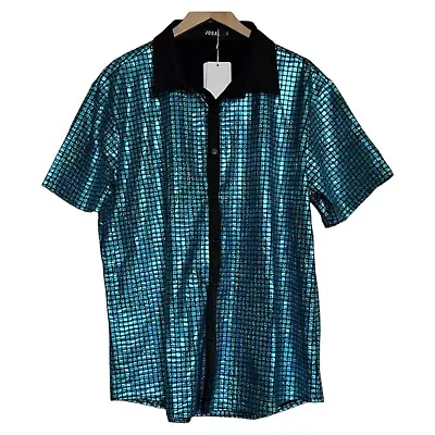 NEW Jogal 70s Disco Metallic Sequin Shirt Collared Short Sleeve Mens XL Blue • $39.99