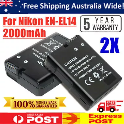 2x 2000mAh EN-EL14 EN-EL14a Battery For Nikon D3100 D3200 D5100 D5500 P7000 DSLR • $26.99