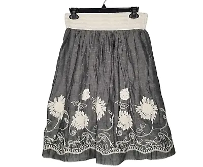 Metro Wear Skirt Small Blue Cream Embroidered Floral Elastic Boho Lagenlook • $15.29