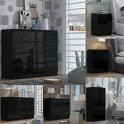 Black Gloss Chest Of Drawers Bedroom Furniture Gloss Finish Fronts Modern Design • £149.99