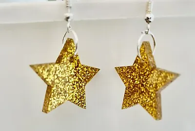 60s 70s Gold Glitter  Star GEOMETRIC Dangle Drop Earrings  Festival Retro • £3
