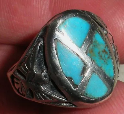 VINTAGE NAVAJO TURQUOISE STERLING SILVER RING THUNDERBIRD SIZE 10.5 Vafo • $49.99