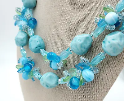Vtg Western Germany Blue Double Strand Bead Tulips Flower Leaves Necklace Lucite • $24.99