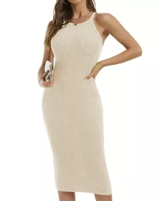 Champagne Soft Halter Neck Sexy Body Party Midi Dress Size L • £15