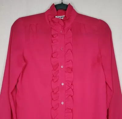 Vintage Joanna Womens Sz 8 High Neck Blouse Ruffle Front Pink Long Sleeve Poly • $18.99