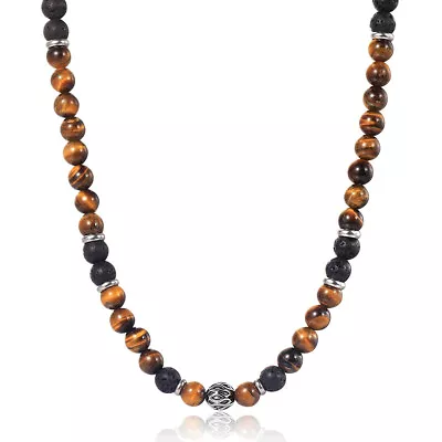 8mm 20  Natural Tiger's Eye Lava Beaded Necklace Stainless Steel Toggle Men Gift • $9.99