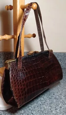 Vintage 1950s Vassar Cognac Alligator Leather Handbag Purse Dark Brown Goldtone • $645