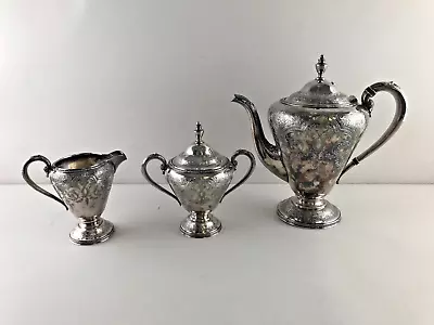 Vtg Wilcox International Coffee Pot Cream & Sugar Set Paisley Silver Plate 3032 • $79.99