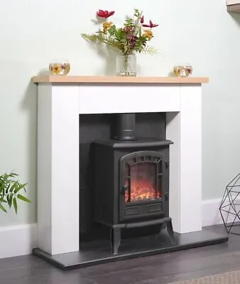 Electric Fire Stove Oak White Mantle Black Fireplace Logs Surround Suite Bnib • £359.25