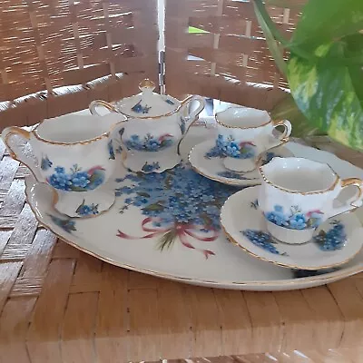 Minature Tea Set Violet Pattern. Creamer Sugar Bowl 2 Cups And Saucers With Tr • $18