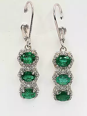 AAA Zambian Emerald & Zircon Lever Back Earrings In Rhodium Over Sterling Silver • $140
