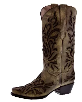 Womens Brown Western Wear Boots Cowboy Dress Overlay Leather Square Toe Botas • $97