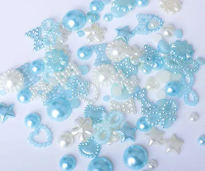 50 Mixed Cabochons Bow Heart Stars Flat Back Pearls Cute Kawaii Face Gems Beads • £2.99