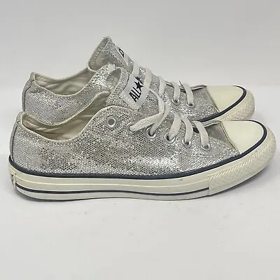 Converse All Star Shoes Womens 7 Metallic Silver Shiny Low Top Chucks Wedding • $28.99