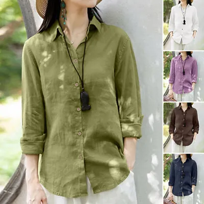 Women Cotton Long Sleeve T Shirt Ladies Casual Loose Blouse Button Down Tops Tee • $30.30