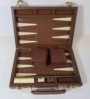 VINTAGE Backgammon Faux Leather Travel Case COMPLETE Brown Cream Small Magnetic • $9