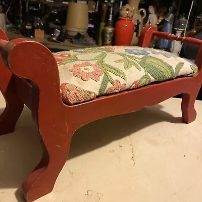 Vtg Hand Made REDFootstool 20x10 Cottage SHABBY CHIC Embroidered Floral Cushion • $74