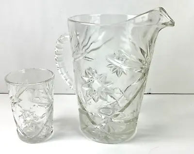 Vintage Cut Glass Water Pitcher And Drinking Glass Set 8 In Sunburst Pattern • $39.95