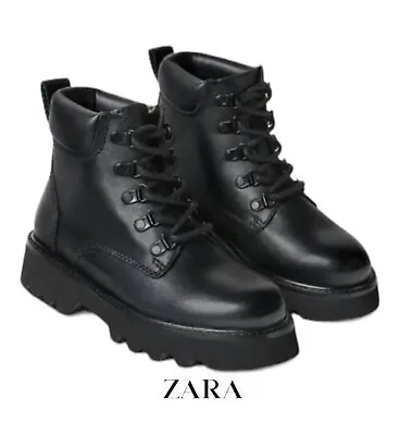 Zara Black Unisex Kids Leather Ankle Boots. Size 38 Eur/ 5.5 US • $40