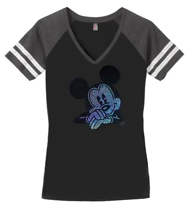 Women's Mickey Mouse T-Shirt Disney Ladies Tee Shirt S-4XL Bling V-Neck • $29.74