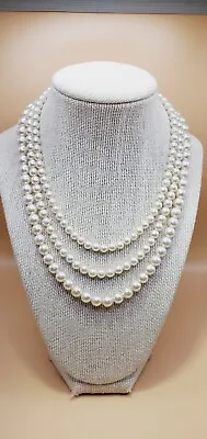 Vintage 3 Strand 16 Inch Faux Pearl White Beaded Necklace With Silver Tone Clasp • $12