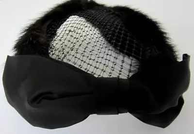 Vintage BETMAR 50s Black Mink Bow + Mesh Pill Box Hat OS • $28.88