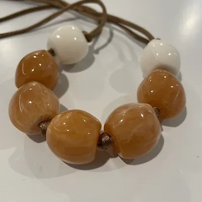 ZSISKA Hand Made Fashion Necklace White Amber Resin Beads Satin Adjustable Rope  • $32.79