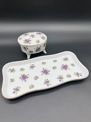 Vintage Lefton Purple Violets Porcelain Vanity Set Tray And Trinket Box • $29