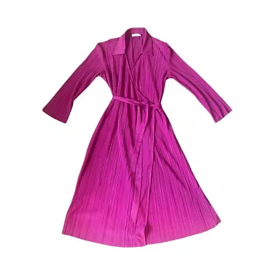 MANGO Pink Fuchsia Pleated Long Sleeve Wrap Dress Large L • $29.99