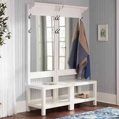 72  Mirror Wood Hall Tree - White Modern Storage Coat Hat Rack Bench Seat • $432.95