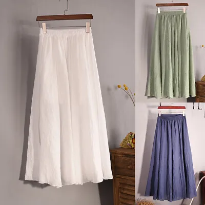 Women Vintage Cotton Linen Pleated Maxi Long Beach Dress Boho Skirt Casual Solid • £12.35