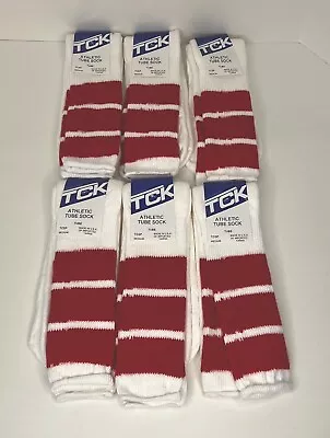 Vintage TCK Made In USA Retro 3 Stripes Tube Socks Scarlet Red White Lot Of 6 Pr • $134.95