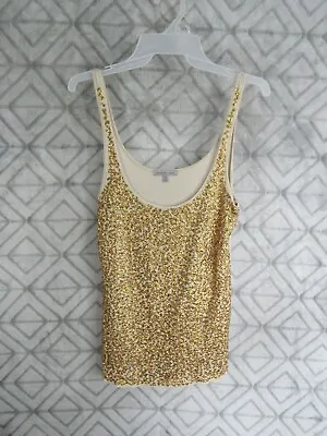 Charlotte Russe Tank Top Size M Tan Gold Sequins Pull Over Round Neck Casual • $9.99