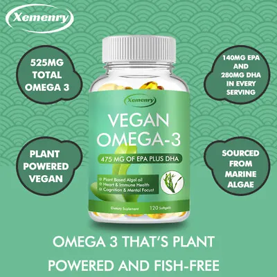 Vegan Omega-3 Algae Oil Capsules 475mg - High Strength DHA Heart & Brain Health • £8.99