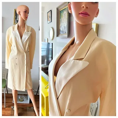Vtg 80s Tahari Wool Rayon Silk Avant Garde Double Breasted Ivory Tuxedo Dress L • $18
