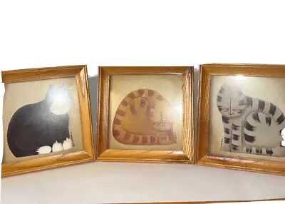 Set Of 3 Vintage Framed 7.5”x7.5” Striped Cats Signed Fiddlestix Folk Art EUC • $33