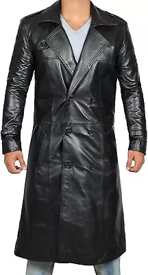 Men's Black Sheepskin Leather Duster Trench Coat • $139.99