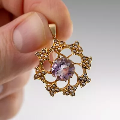 Antique 9ct Gold Amethyst Pearl Statement Pendant Edwardian Period Jewellery • £275