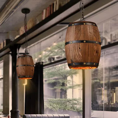 Wood Wine Barrel Hanging Pendant Ceiling Lamp Rustic Cafe Kitchen Bar Light • £34.67