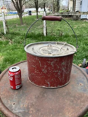 Antique Oval Galvanized Metal Fishing Bait Bucket Minnow Pail Old Red Paint • $59.99