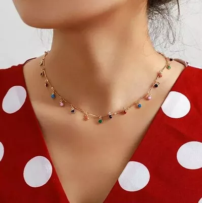 Colourful Crystal Beads Necklace Choker Stone Jewellery Gold Silver • £2.99