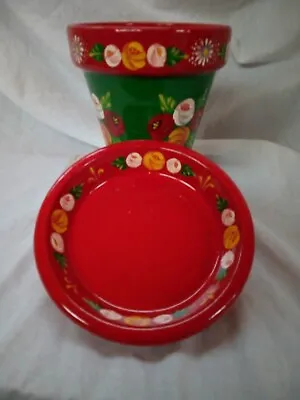 £10 • Buy Red Green Roses And Castles Hand Painted Terracotta Pot & Saucer Barge Ware#01