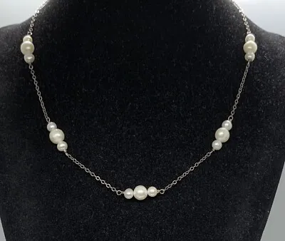 Vintage Sterling Silver Pearl Station Necklace 16  • $23.99